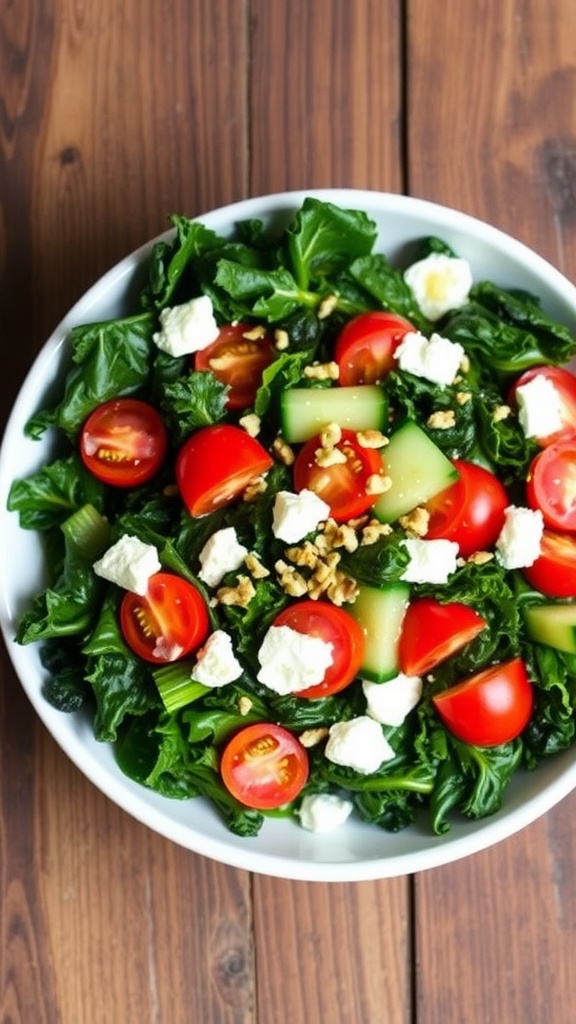 A colorful lemon garlic kale salad with cherry tomatoes, cucumber, feta, and walnuts on a rustic table.